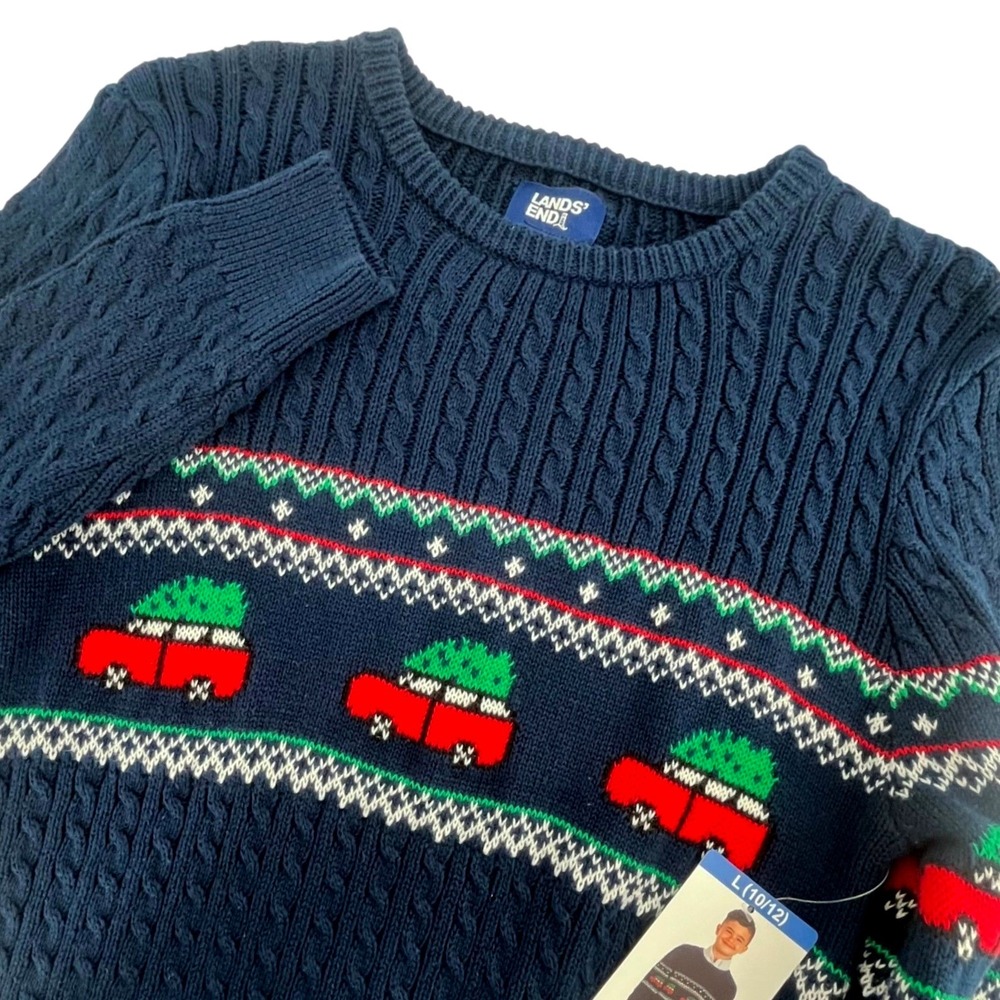 NWT Lands End Kids Boys Sweater Large 10-12 Navy Christmas Tree Truck Holiday